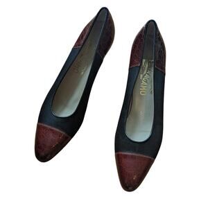 Salvatore Ferragamo Baguette Pump Tan Patent Leather Black Fabric Size 7 Narrow